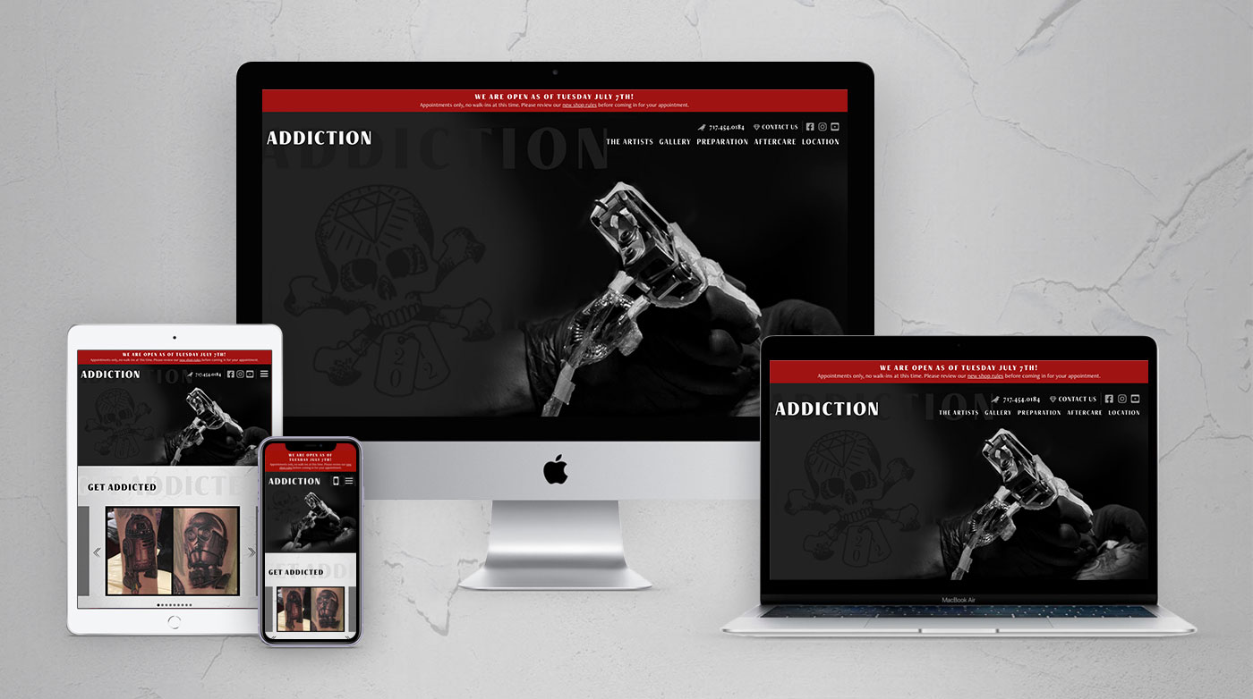 A mockup of the Addiction Tattooing website on different screen sizes and devices