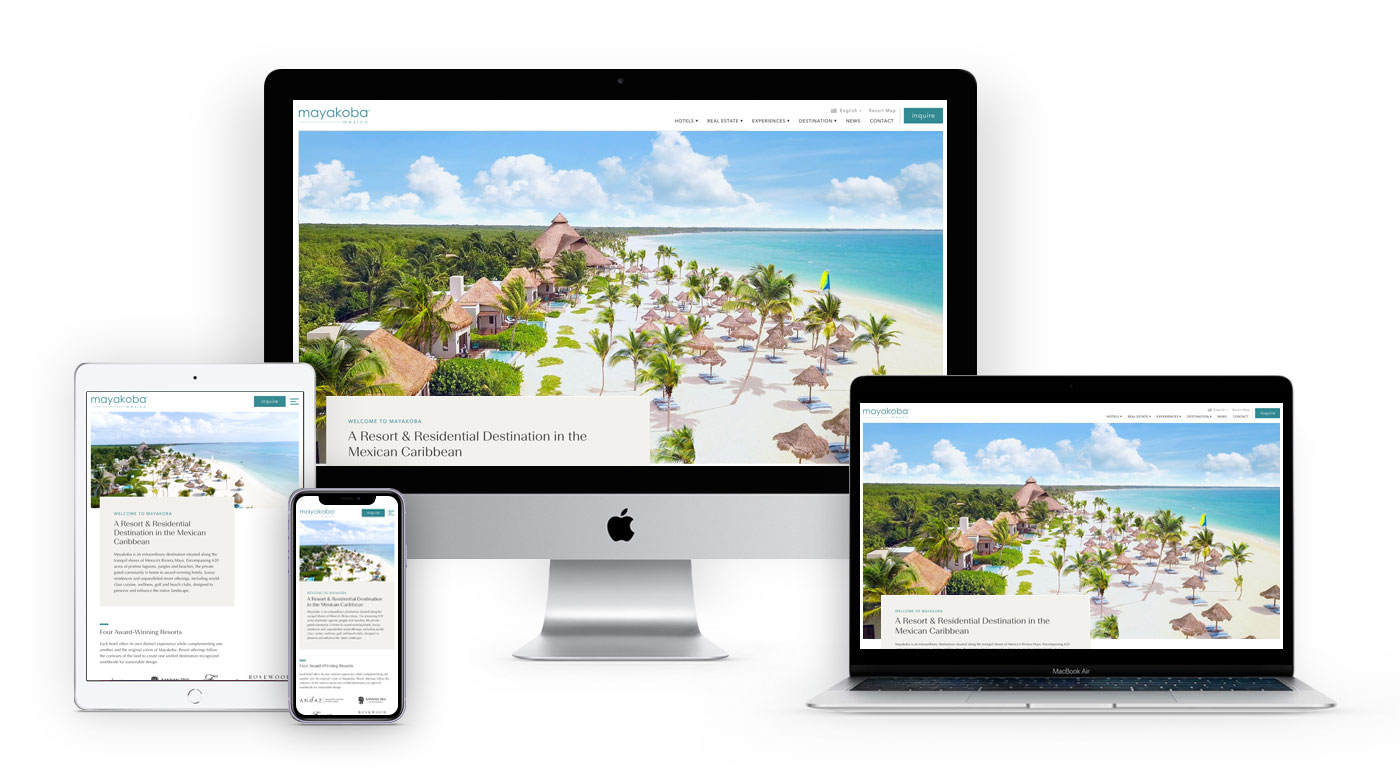 A mockup of the Mayakoba website on different screen sizes and devices