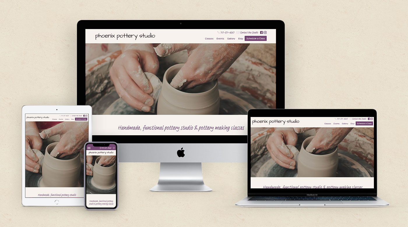 A mockup of the Phoenix Pottery Studio website on different screen sizes and devices